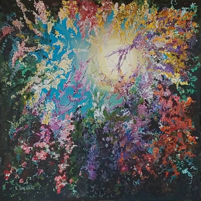 Textured floral painting showcasing nature\'s sky