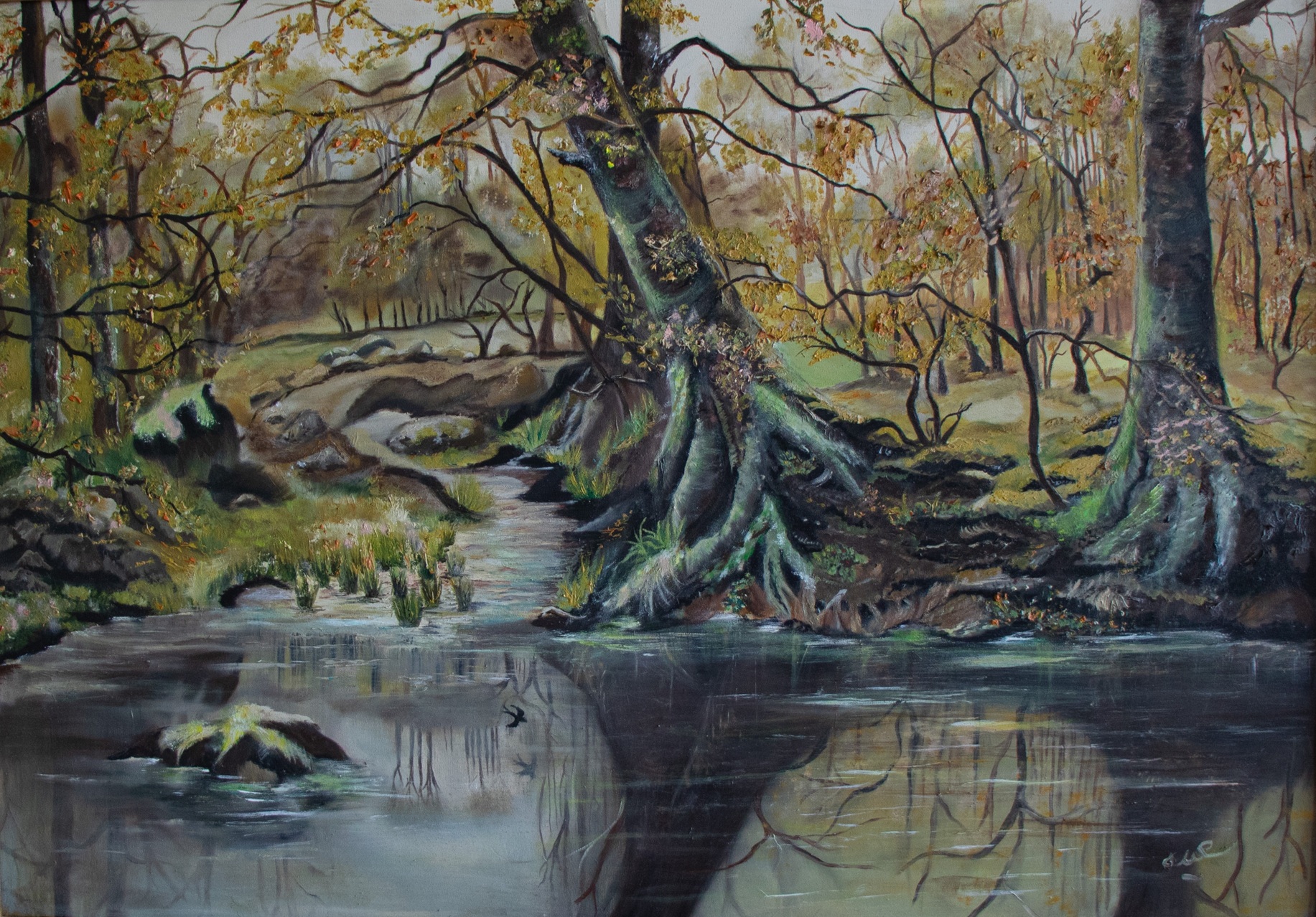 Forest landscape painting with textured tree trunks, autumn foliage, and a calm reflective stream