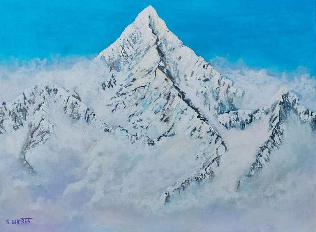 Textured painting displaying snowy mountain above clouds