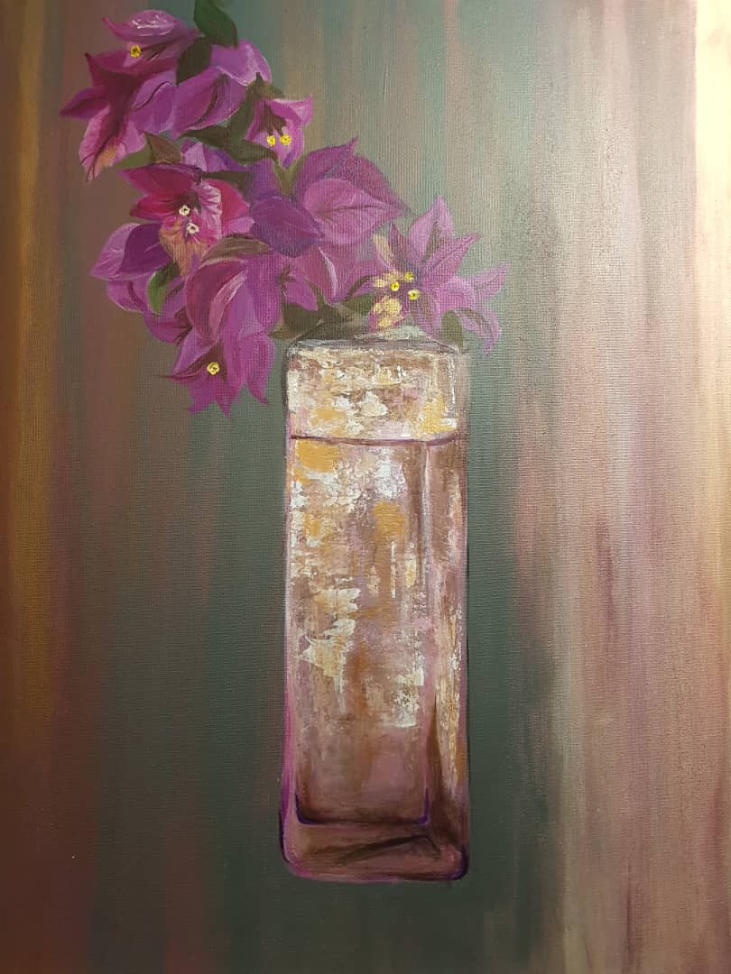 Impressionist painting displaying a golden vase with purple flowers